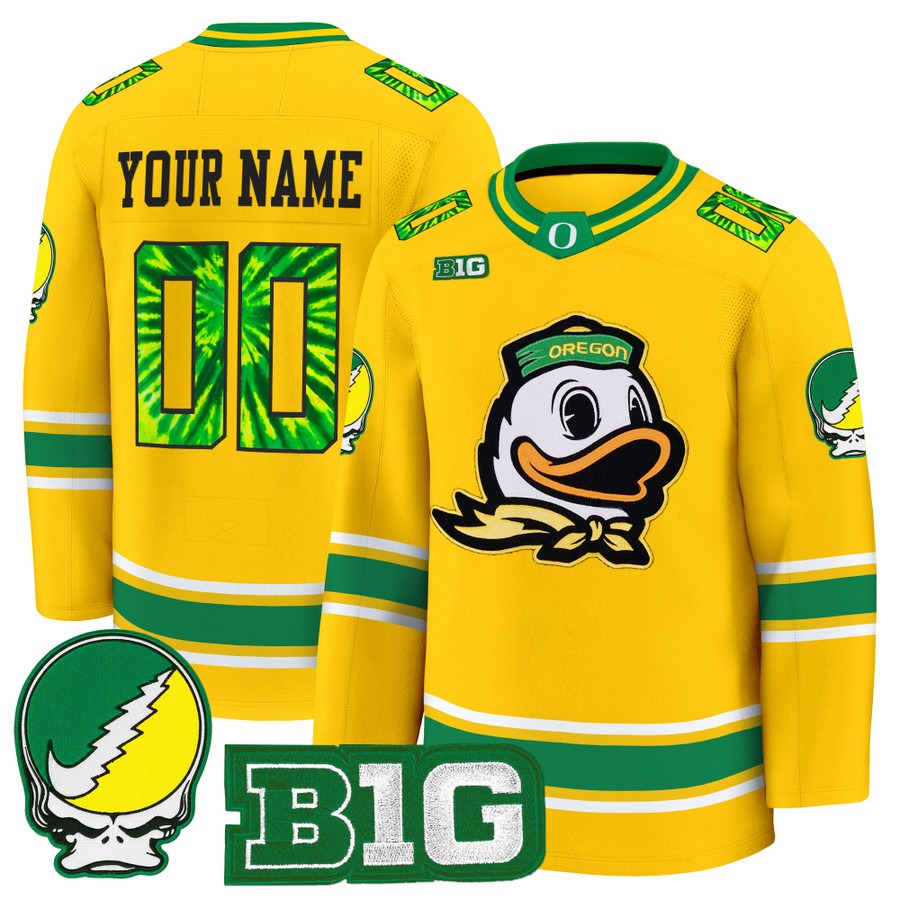 Men's Oregon Ducks Custom Hockey Style 'Grateful Ducks' Premium Stitched Jersey -  Gold