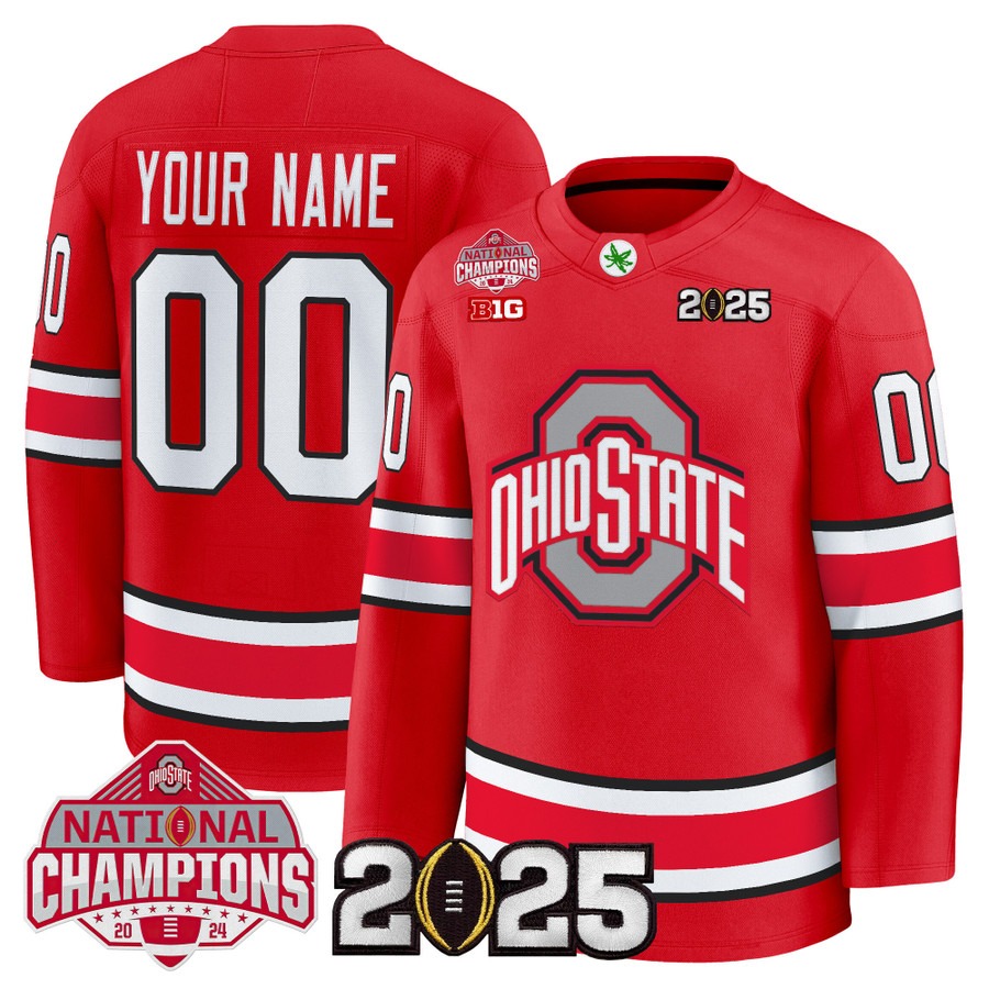 Men's Ohio State Buckeyes Custom Hockey Style 2025 National Champions Patch Premium Stitched Jersey - Red