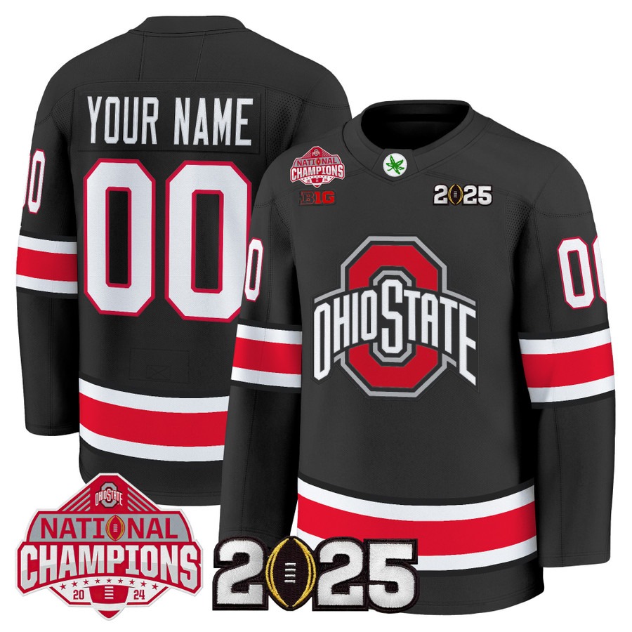 Men's Ohio State Buckeyes Custom Hockey Style 2025 National Champions Patch Premium Stitched Jersey - Black