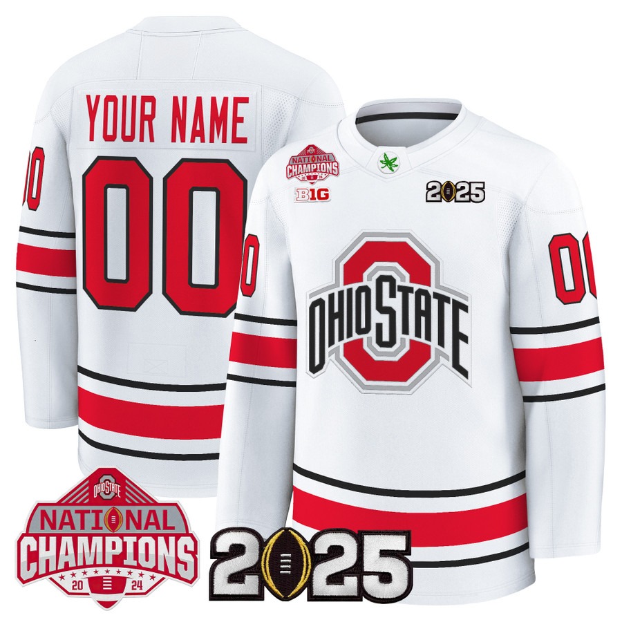 Men's Ohio State Buckeyes Custom Hockey Style 2025 National Champions Patch Premium Stitched Jersey - White