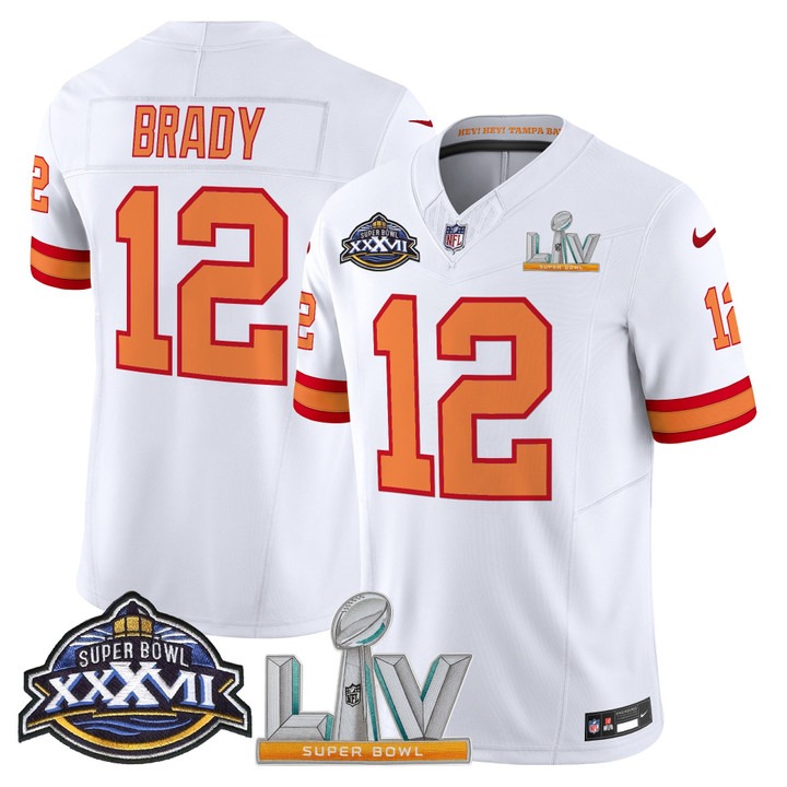 Men's Tampa Bay Buccaneers #12 Tom Brady Super Bowl XXXVII & LV Patch Throwback F.U.S.E. Vapor Limited Stitched Jersey White
