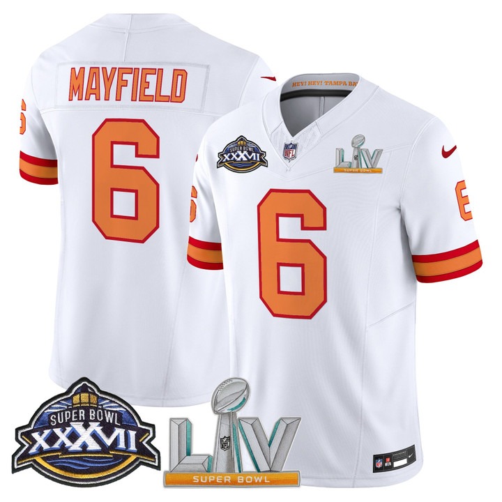Men's Tampa Bay Buccaneers #6 Baker Mayfield Super Bowl XXXVII & LV Patch Throwback F.U.S.E. Vapor Limited Stitched Jersey White