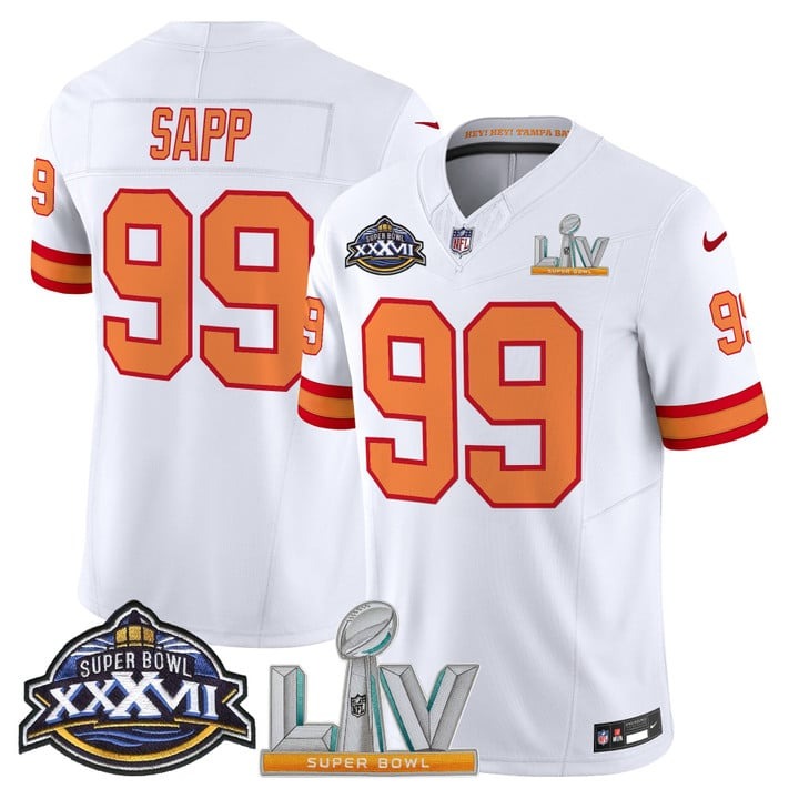 Men's Tampa Bay Buccaneers #99 Warren Sapp Super Bowl XXXVII & LV Patch Throwback F.U.S.E. Vapor Limited Stitched Jersey White