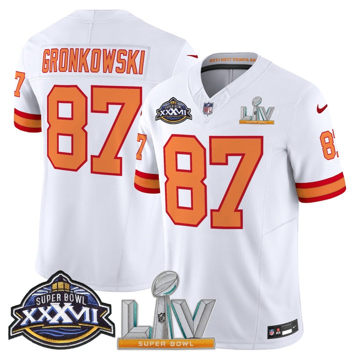 Men's Tampa Bay Buccaneers #87 Rob Gronkowski Super Bowl XXXVII & LV Patch Throwback F.U.S.E. Vapor Limited Stitched Jersey White
