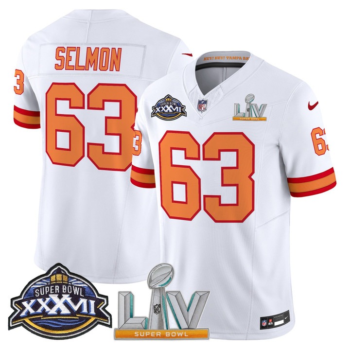 Men's Tampa Bay Buccaneers #63 Lee Roy Selmon Super Bowl XXXVII & LV Patch Throwback F.U.S.E. Vapor Limited Stitched Jersey White