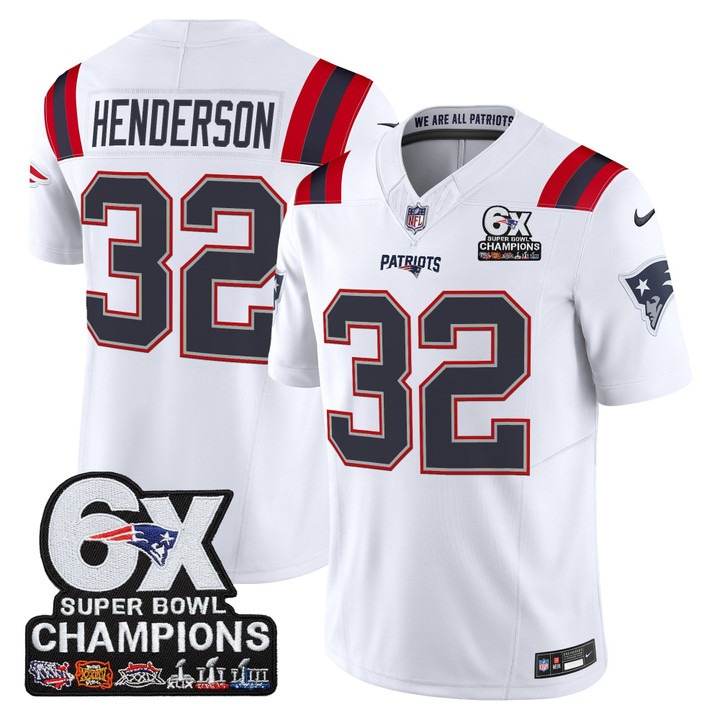 Men's New England Patriots #32 TreVeyon Henderson 6-Time Champions Patch F.U.S.E. Vapor Limited Stitched Jersey White
