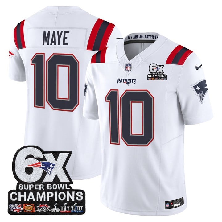 Men's New England Patriots #10 Drake Maye 6-Time Champions Patch F.U.S.E. Vapor Limited Stitched Jersey White