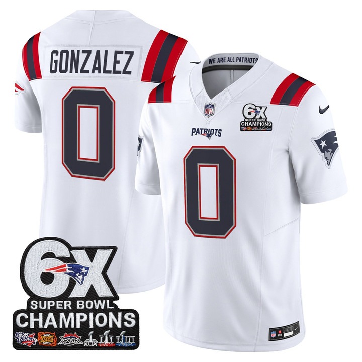 Men's New England Patriots #0 Christian Gonzalez 6-Time Champions Patch F.U.S.E. Vapor Limited Stitched Jersey White