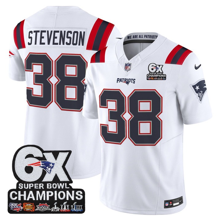 Men's New England Patriots #38 Rhamondre Stevenson 6-Time Champions Patch F.U.S.E. Vapor Limited Stitched Jersey White