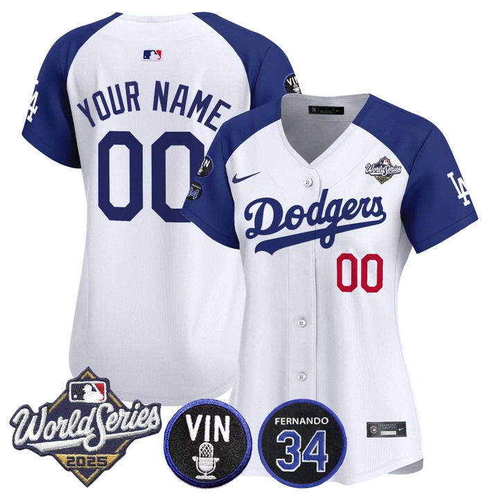Women's Dodgers Custom 2025 World Series Vin Scully & Fernando Patch Limited Stitched Jersey White Royal