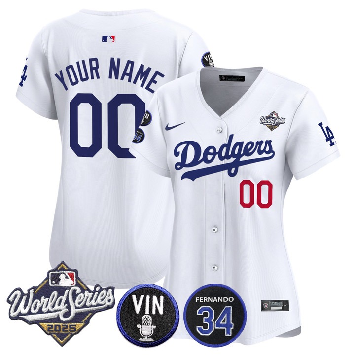 Women's Dodgers Custom 2025 World Series Vin Scully & Fernando Patch Limited Stitched Jersey White