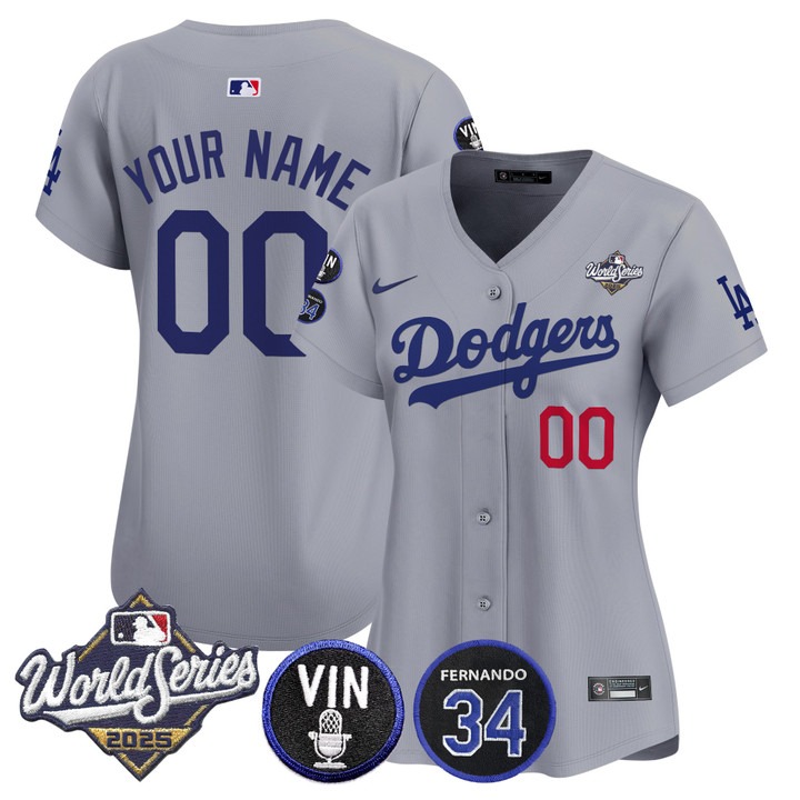 Women's Dodgers Custom 2025 World Series Vin Scully & Fernando Patch Limited Stitched Jersey Grey