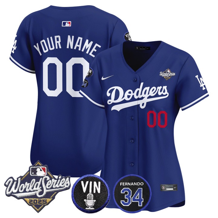 Women's Dodgers Custom 2025 World Series Vin Scully & Fernando Patch Limited Stitched Jersey Royal