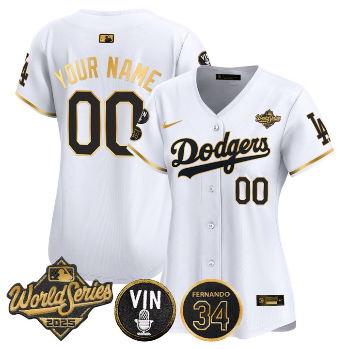 Women's Dodgers Custom 2025 World Series Vin Scully & Fernando Patch Limited Stitched Jersey White Gold