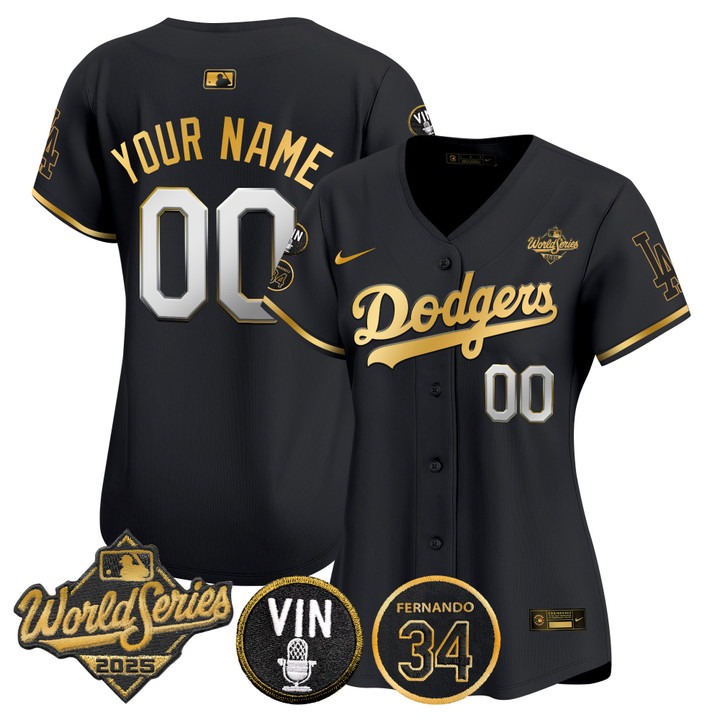 Women's Dodgers Custom 2025 World Series Vin Scully & Fernando Patch Limited Stitched Jersey Black Gold