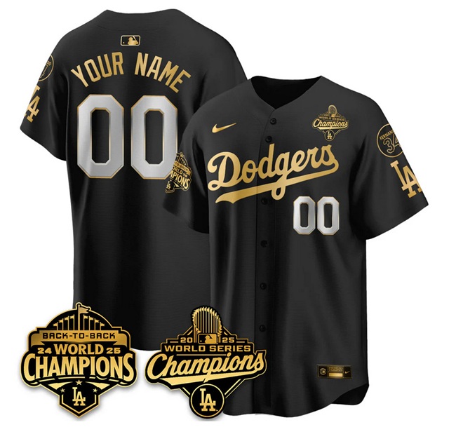 Men's Los Angeles Dodgers Active Player Custom Black Gold 2025 World Series Champions Back to Back With No.34 Patch Limited Stitched Baseball Jersey