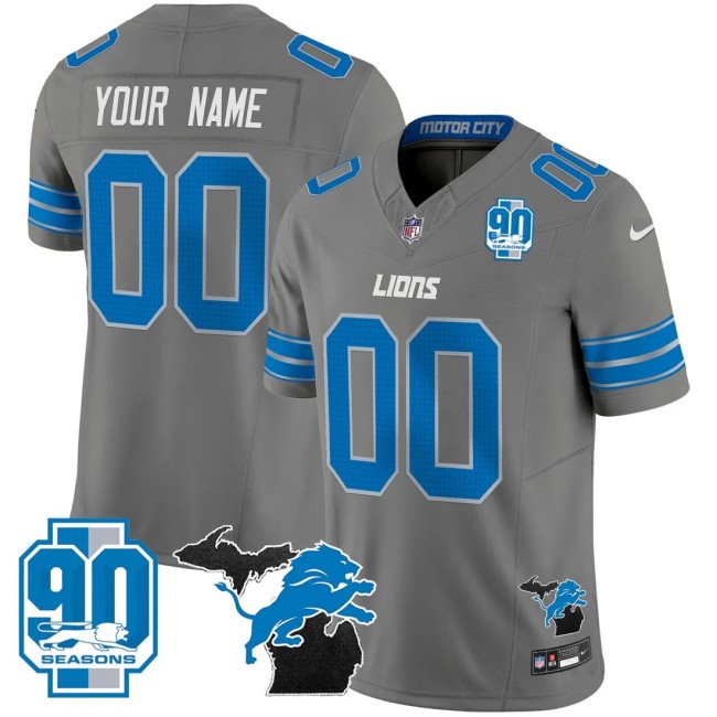 Men's Detroit Lions Custom 2025 Michigan & 90th Year Patch F.U.S.E. Vapor Limited Stitched Jersey Grey
