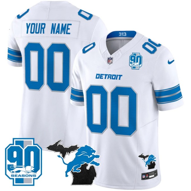 Men's Detroit Lions Custom 2025 Michigan & 90th Year Patch F.U.S.E. Vapor Limited Stitched Jersey White