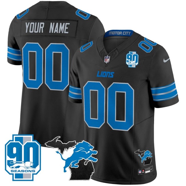 Men's Detroit Lions Custom 2025 Michigan & 90th Year Patch F.U.S.E. Vapor Limited Stitched Jersey Black
