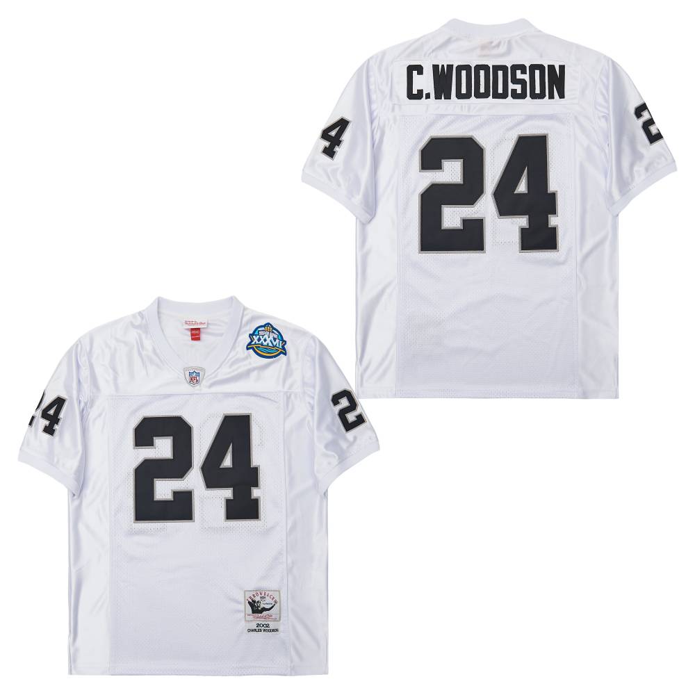 Men's Oakland Raiders #24 Charles Woodson White 2002 Super Bowl XXXVII Throwback Jersey