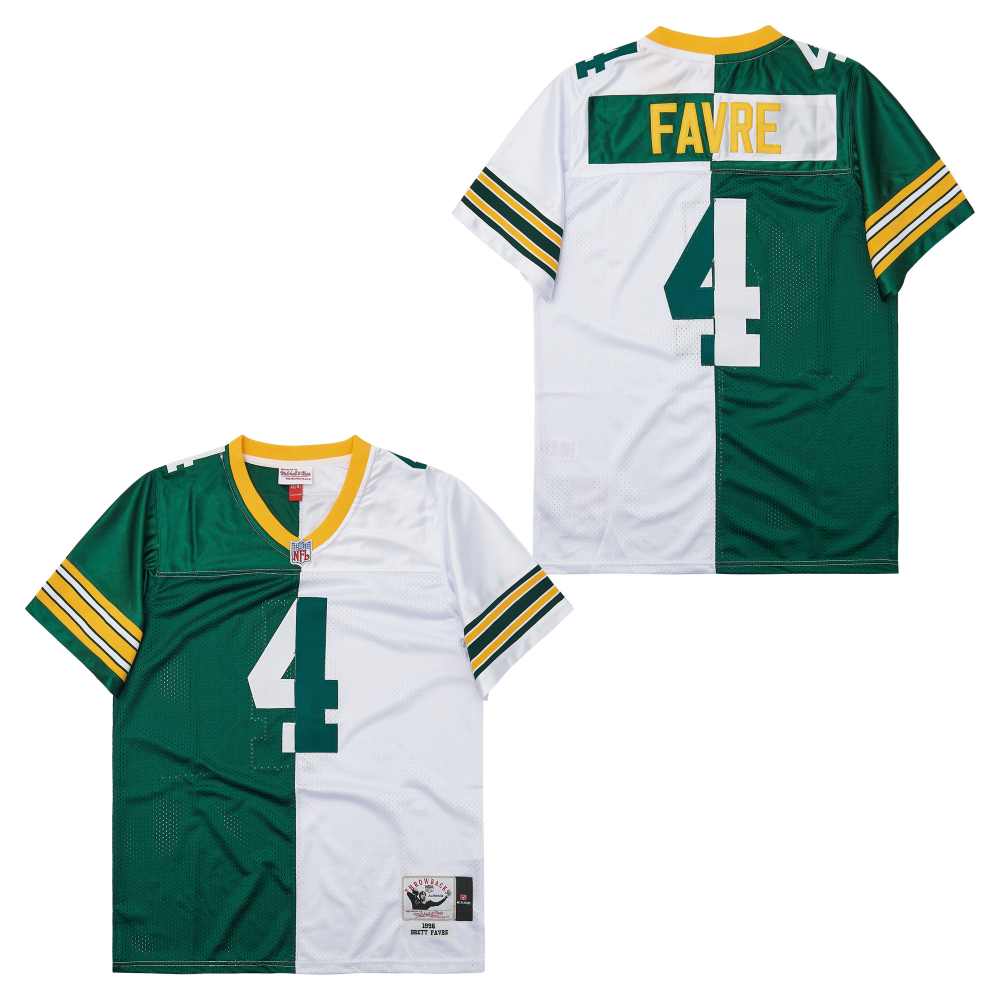 Men's Green Bay Packers #4 Brett Favre Green White Split 1996 Throwback Jersey