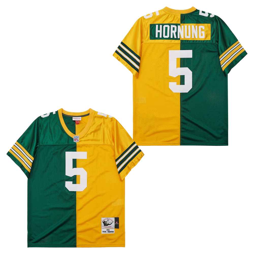 Men's Green Bay Packers #5 Paul Hornung Green Yellow Split 1961 Throwback Jersey