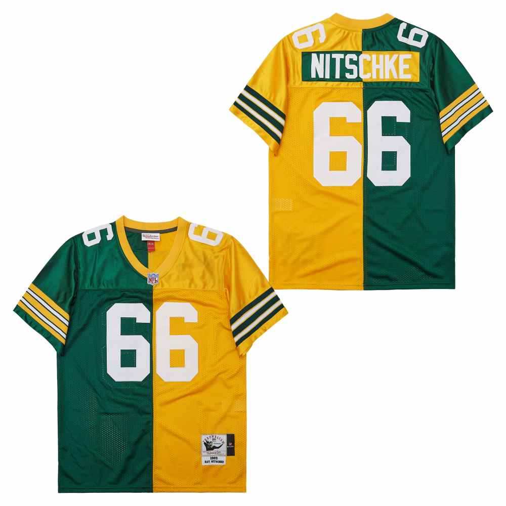 Men's Green Bay Packers #66 Ray Nitschke Green Yellow Split 1969 Throwback Jersey