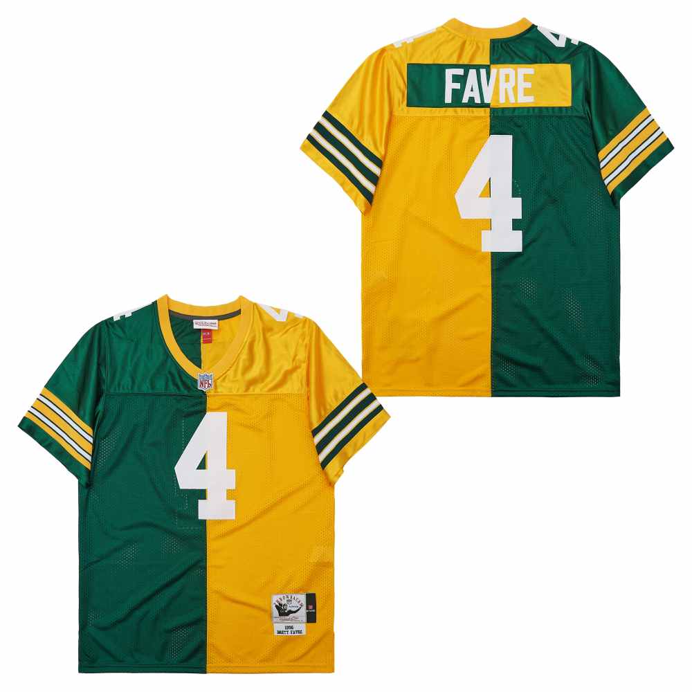 Men's Green Bay Packers #4 Brett Favre Green Yellow Split 1996 Throwback Jersey