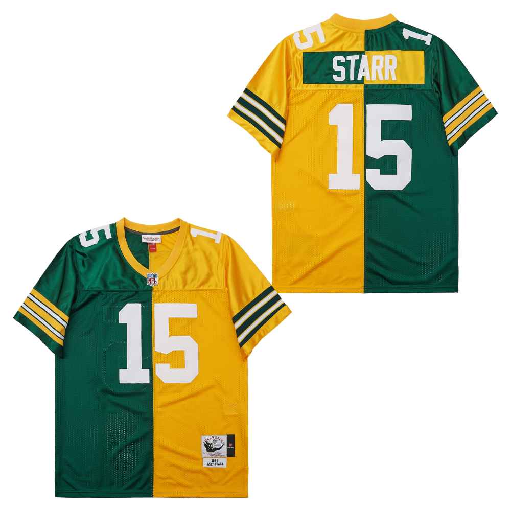 Men's Green Bay Packers #15 Bart Starr Green Yellow Split 1969 Throwback Jersey