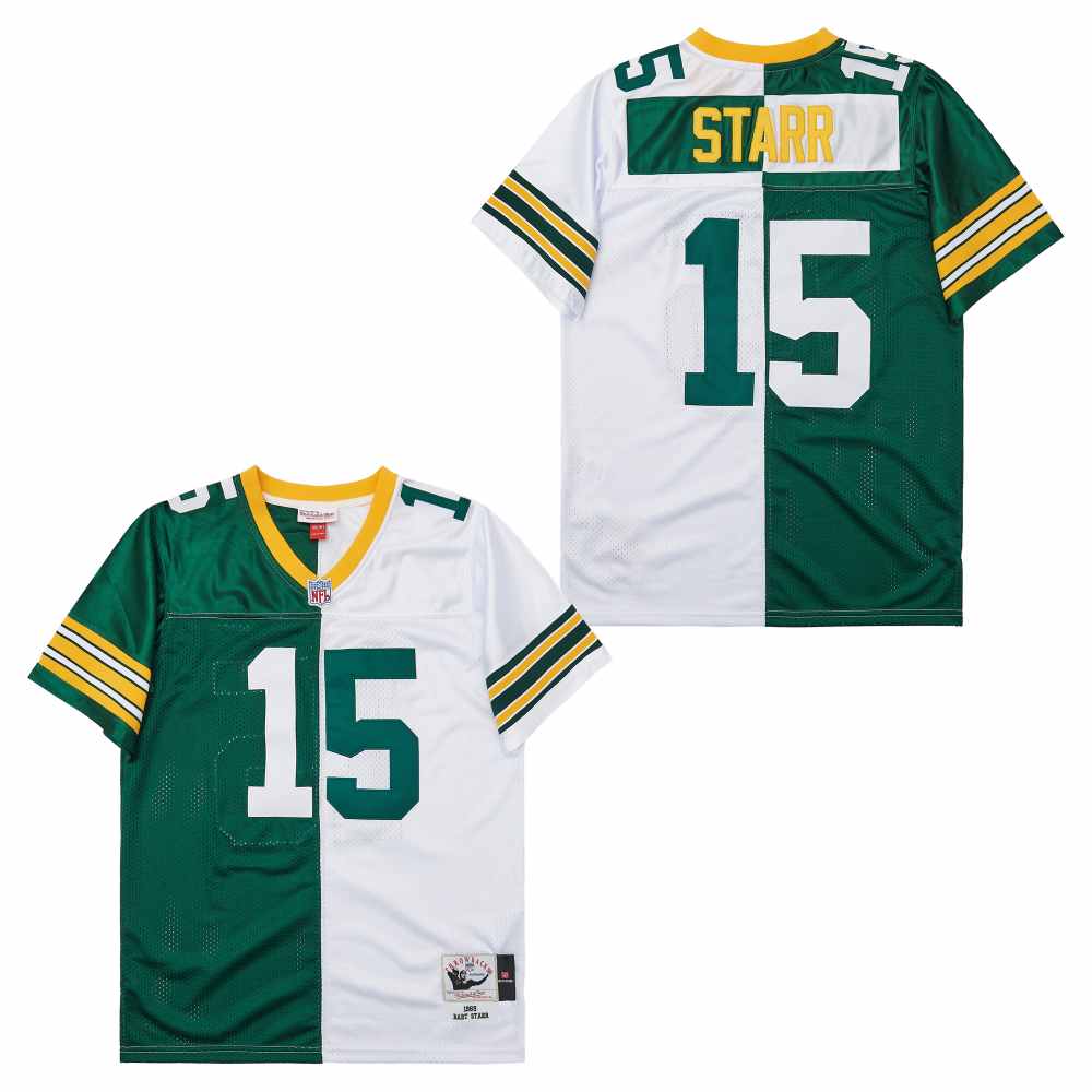 Men's Green Bay Packers #15 Bart Starr Green White Split 1969 Throwback Jersey