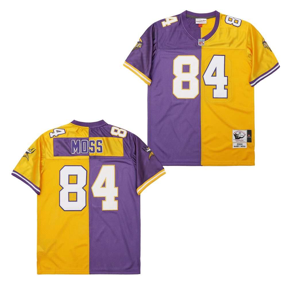 Men's Minnesota Vikings #84 Randy Moss Purple Yellow Split 2000 Throwback Jersey