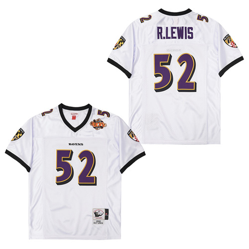 Men's Baltimore Ravens #52 Ray Lewis White XXXV Super Bowl Patch 2000 Throwback Jersey
