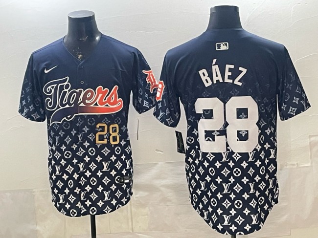 Men's Detroit Tigers #28 Javier Baez Navy With Patch Vapor Premier Limited Stitched Baseball Jerseys