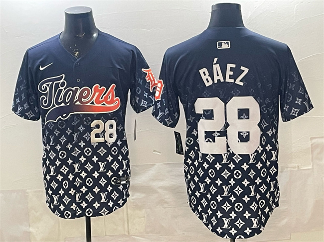 Men's Detroit Tigers #28 Javier Baez Navy With Patch Vapor Premier Limited Stitched Baseball Jersey
