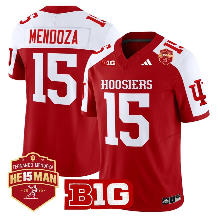 Men's & Women's & Youth Indiana Hoosiers #15 Fernando Mendoza Red White 2025 Heisman Trophy patch Stitched Jersey