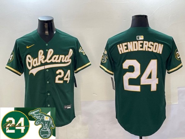 Men's Oakland Athletics #24 Ricky Henderson Green 2024 Limited With Patch Stitched Memorial Jersey