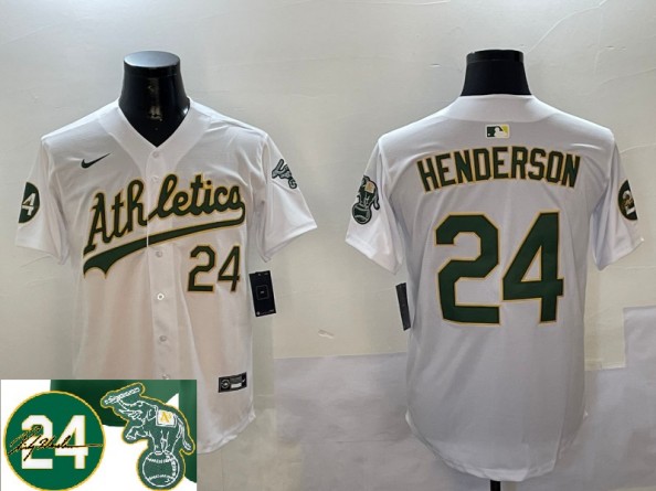 Men's Oakland Athletics #24 Ricky Henderson White 2024 Home Limited With Patch Stitched Memorial Jersey