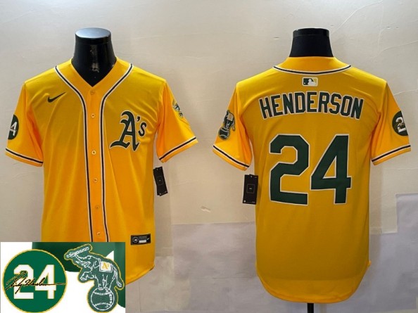 Men's Oakland Athletics #24 Ricky Henderson Yellow 2024 Limited With Patch Stitched Memorial Jersey