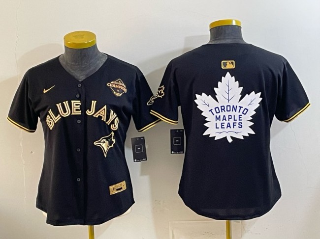 Women's Toronto Blue Jays & Leafs Black Gold 2025 American League Champions With White Leafs Logo Limited Stitched Baseball Jersey