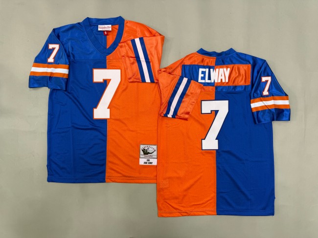 Men's Denver Broncos #7 John Elway Split Blue Orange 'MN' 1990 Throwback Stitched Jersey