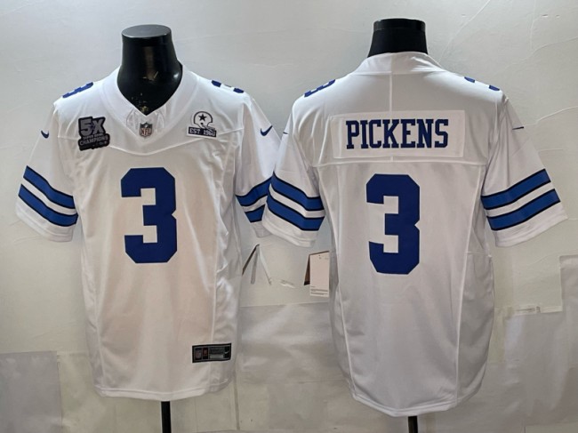 Men's Dallas Cowboys #3 George Pickens White F.U.S.E. With 5x Super Bowl Champions & Established In 1960 Patch Vapor Limited Stitched Football Jersey