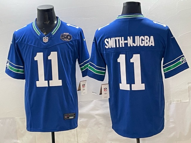 Men's Seattle Seahawks #11 Jaxon Smith-Njigba Royal 2025 F.U.S.E 50th Anniversary Patch Throwback Vapor Limited Stitched Football Jersey