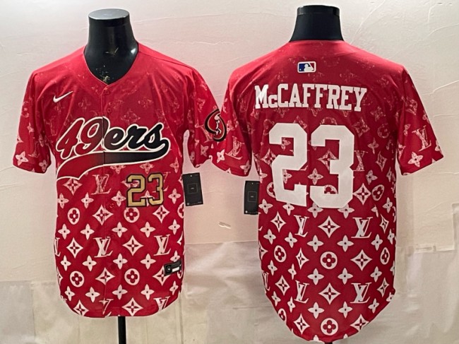 Men's San Francisco 49ers #23 Christian McCaffrey Red With Patch Limited Stitched Baseball Jerseys