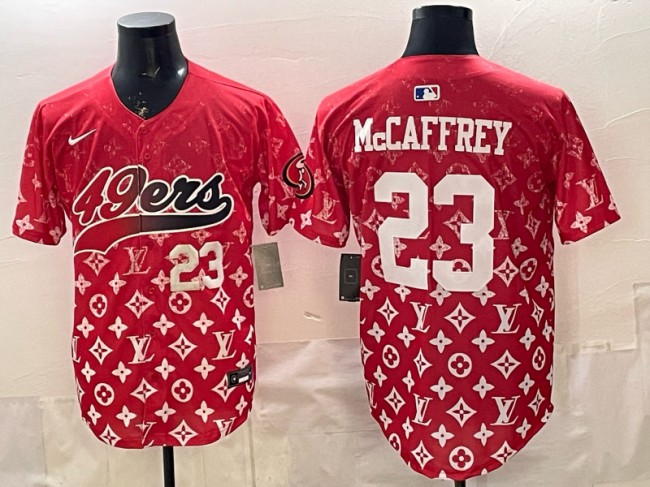 Men's San Francisco 49ers #23 Christian McCaffrey Red With Patch Limited Stitched Baseball Jersey