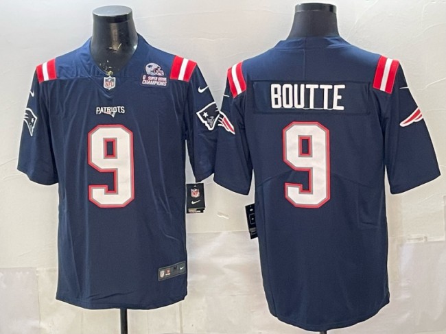 Men's New England Patriots #9 Kayshon Boutte Navy 6x Super Bowl Champions Patch Vapor untouchable Limited Stitched Jersey