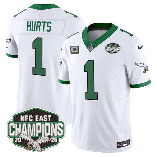 Men's Philadelphia Eagles #1 Jalen Hurts Kelly White F.U.S.E. 2025 NFC East Division Champions Vapor Limited Stitched Jersey