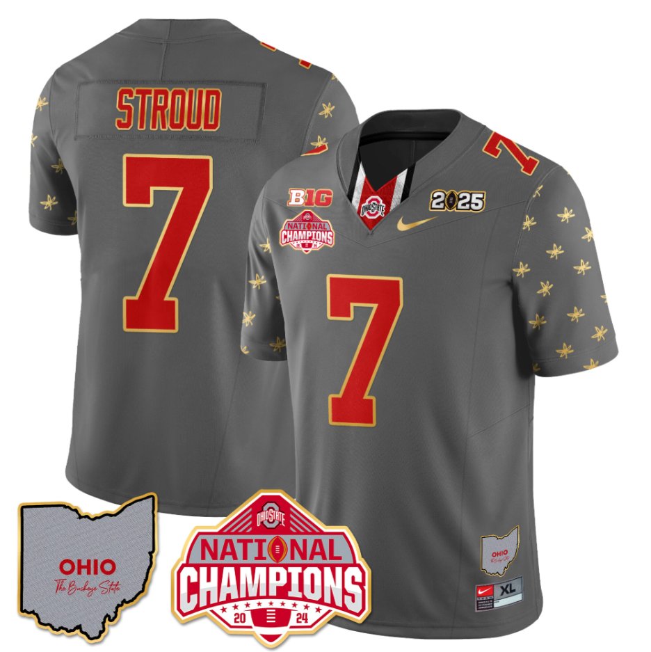 Men's C J Stroud Jersey #7 Ohio State National Champions 2025 Patch Gray
