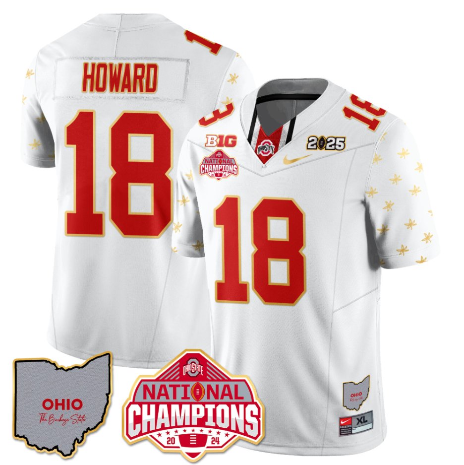Men's Will Howard Jersey #18 Ohio State National Champions 2025 Patch White Limited
