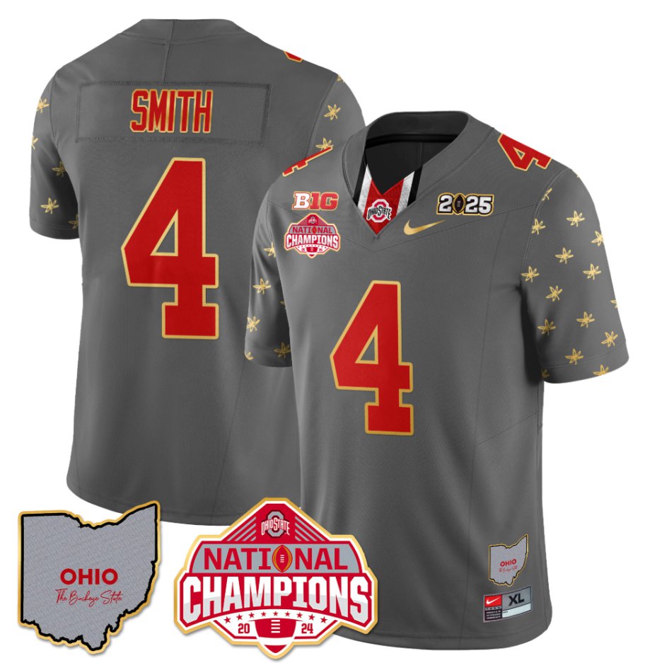 Men's Jeremiah Smith Jersey #4 Ohio State National Champions 2025 Patch Gray
