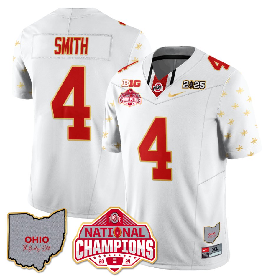 Men's Jeremiah Smith Jersey #4 Ohio State National Champions 2025 Patch White Limited